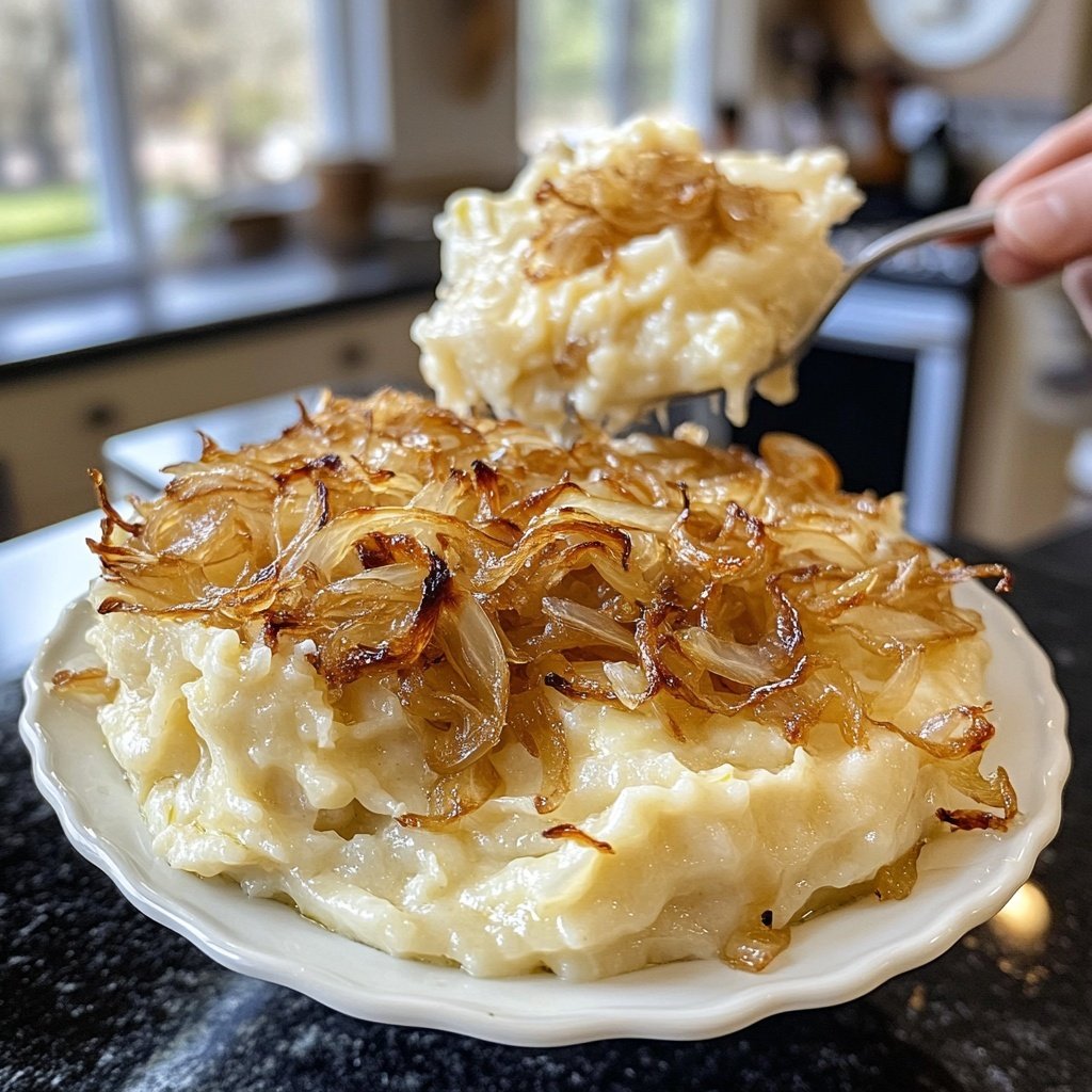 Kartelstampf mit karamellisierten Zwiebeln